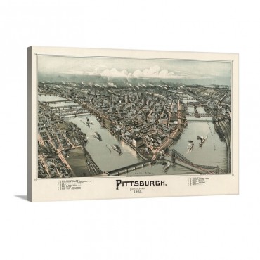 Vintage Birds Eye View Map Of Pittsburgh Pennsylvania Wall Art - Canvas - Gallery Wrap