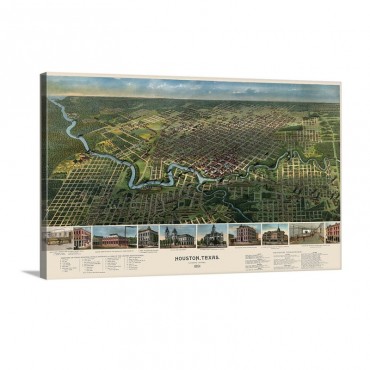 Vintage Birds Eye View Map Of Houston Texas Wall Art - Canvas - Gallery Wrap
