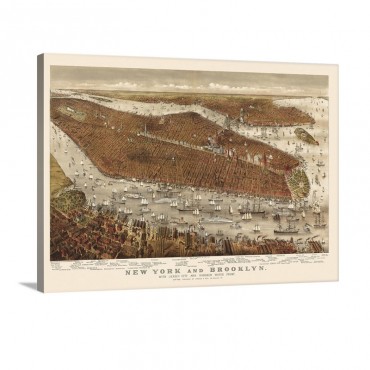 Vintage Birds Eye View Map Of New York And Brooklyn Wall Art - Canvas - Gallery Wrap