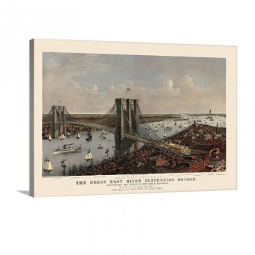 Vintage Birds Eye View Map Of The Brooklyn Bridge And New York Wall Art - Canvas - Gallery Wrap