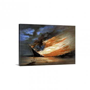 Vintage Civil War Painting Of A Warship Burning In A Calm Sea Wall Art - Canvas - Gallery Wrap