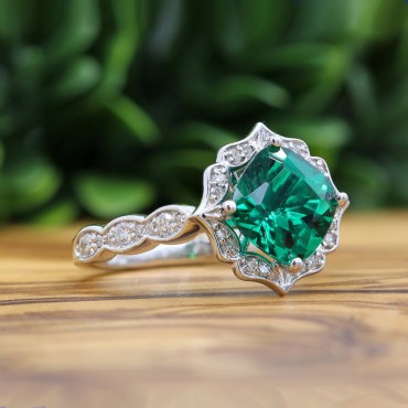 Vintage Cushion Emerald Diamond Halo Engagement Ring