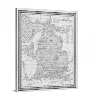 Vintage Map Of Michigan With Its Canals Roads And Distances Wall Art - Canvas - Gallery Wrap