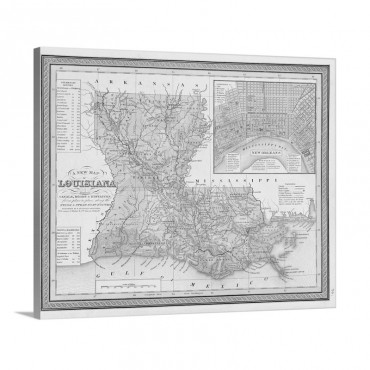 Vintage Map Of Louisiana With Its Canals Roads And Distances From Place To Place Wall Art - Canvas - Gallery Wrap