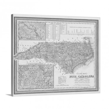 Vintage Map Of North Carolina With Its Canals Roads And Distances From Place To Place Wall Art - Canvas - Gallery Wrap
