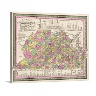 Vintage Map Of Virginia With Its Canals Roads And Distances From Place To Place Wall Art - Canvas - Gallery Wrap