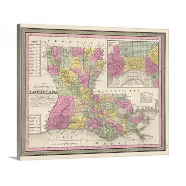 Vintage Map Of Louisiana With Its Canals Roads And Distances From Place To Place Wall Art - Canvas - Gallery Wrap