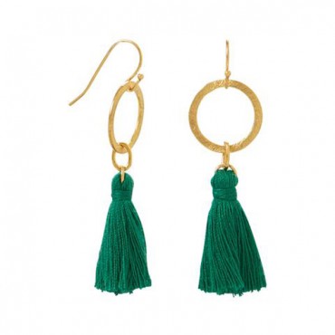 Gold Tone Green Threaded Tassel Fashion Earrings