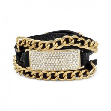 Adjustable Black Leather Fashion Wrap Bracelet with Gold Tone Chain