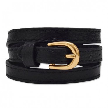 Black Leather Fashion Wrap Bracelet with Gold Tone Buckle