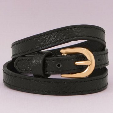 Black Leather Fashion Wrap Bracelet with Gold Tone Buckle