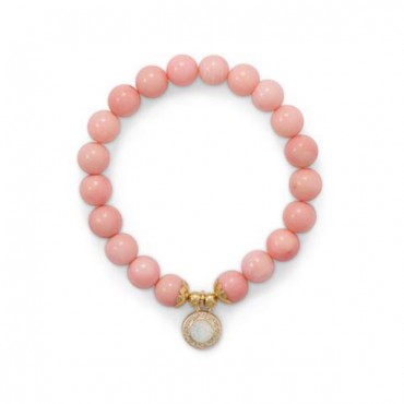 Dyed Coral Stretch Bracelet with Crystal Charm