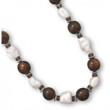 16 in. + 2 in. Wood Bead and Shell Nugget Fashion Necklace