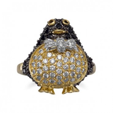 14 Karat Gold Plated Brass Penguin Ring with CZs