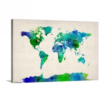 Watercolor Map Of The World Green And Blue Wall Art - Canvas - Gallery Wrap