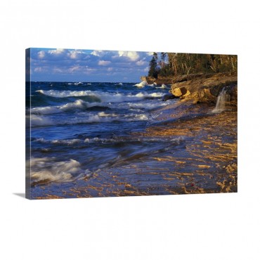 Waves Along Lake Michigan Shoreline Sunset Light Miners Beach Michigan Wall Art - Canvas - Gallery Wrap