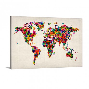 World Map Hearts Multicolor On Parchment Wall Art - Canvas - Gallery Wrap