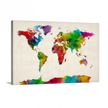 World Map Made Up Of Watercolor Paint Wall Art - Canvas - Gallery Wrap