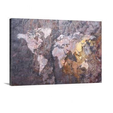 World Map On Stone Wall Art - Canvas - Gallery Wrap