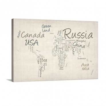 World map With Countries Made Up Of Text Names Wall Art - Canvas - Gallery Wrap