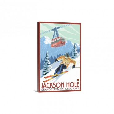 Wyoming  Jackson Hole Grand Teton Skiing Retro Travel Poster Wall Art - Canvas - Gallery Wrap