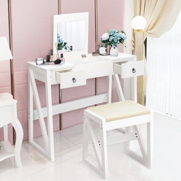Vanity Dressing Table Set Flip Makeup Mirror Stool With 2 Drawers