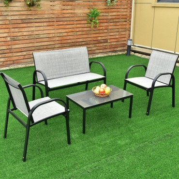 4 Pcs Patio Furniture Set With Glass Top Coffee Table