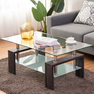 Rectangular Tempered Glass Coffee Table With Shelf