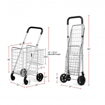Folding Shopping Basket Rolling Trolley With Adjustable Handle