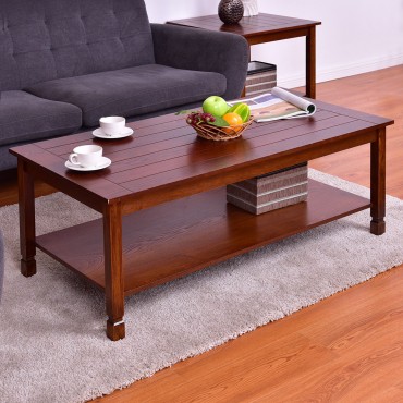 Rectangular Wood Cocktail Coffee Table With Shelf
