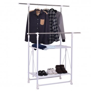 Folding Adjustable Rolling Clothes Rack Hanger With 2 Shelves