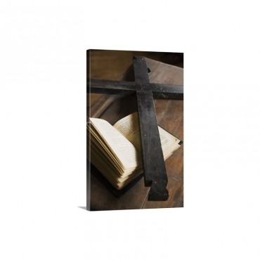 Black Wooden Cross On Top Of An Opened Bible Wall Art - Canvas - Gallery Wrap