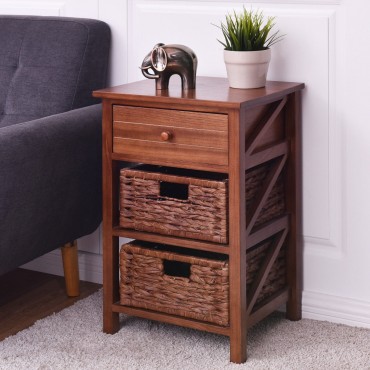 3 Tiers Wood Nightstand W / 1 Drawer And 2 Basket