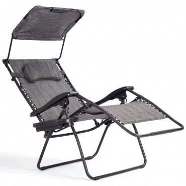 Folding Recliner Lounge Chair W / Shade Canopy Cup Holder