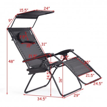 Folding Recliner Lounge Chair W / Shade Canopy Cup Holder