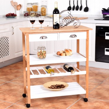 Bamboo Rolling Kitchen Storage Utility Cart W / Drawers And Shelf