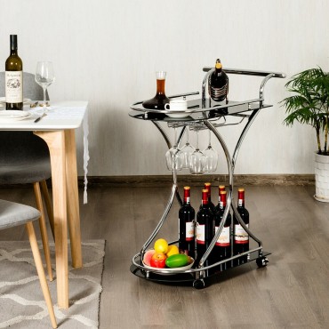 Glass Serving Rolling Bar Cart With Metal Frame