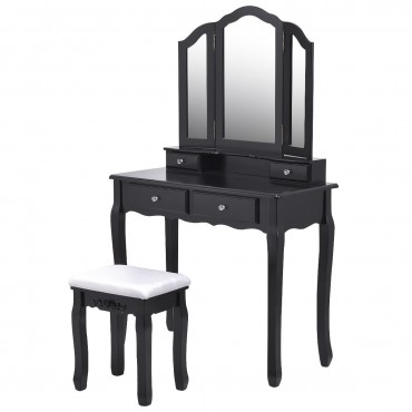 Tri Folding Mirror Vanity Table Stool Set With 4 Drawers