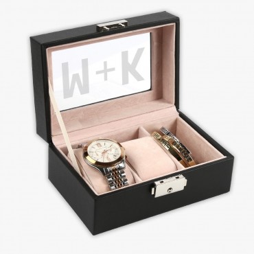 Custom Initial 3-slot Small Black Leather Watch Case