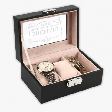Customized 3-slot Small Black Leather Watch Case
