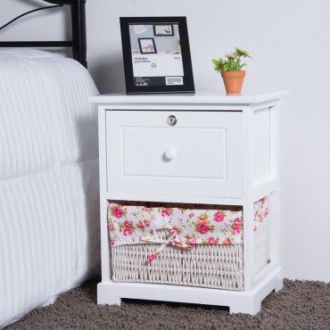 2 Tiers 1 Drawer Bedside Wood Nightstand With Basket