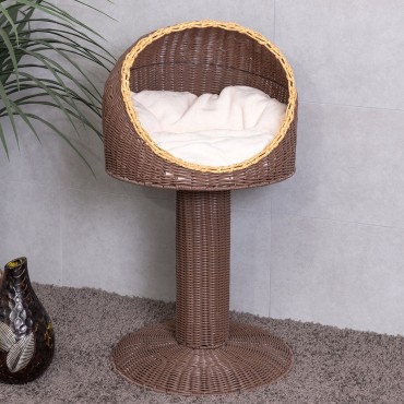 17 In. Brown Elevated Rattan Cat Bed with Cushion