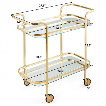 2 Tier Metal Frame Rolling Kitchen Cart With Glass Shelves