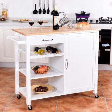 4-Tier Wood Drawer Kitchen Cart With Storage Shelf And Casters