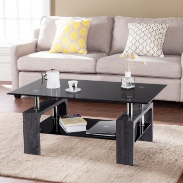 Living Room Rectangular Glass Wood Coffee Table With Shelf