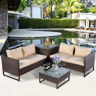 4 Pcs Brown Rattan Wicker Patio Sofa Set With A Pragmatic Table