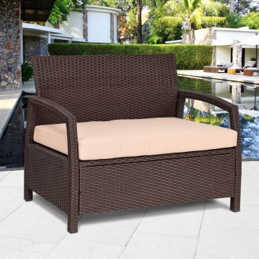 Outdoor Rattan Loveseat Bench Couch Chair With Cushion