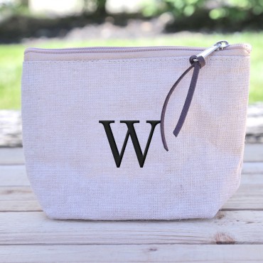 Personalized Initial Jute / Canvas Makeup Bag with Gusset