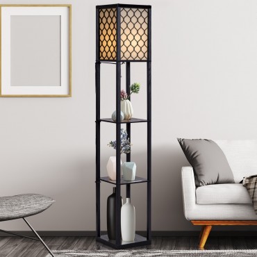 Modern Grid Shade Floor Lamp W / 3 Storage Shelves