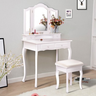 4 Drawers Wood Mirrored Vanity Dressing Table With Stool